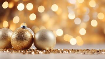 ai generiert golden Kugeln schließen oben auf Weihnachten Baum mit funkelnd Beleuchtung und festlich Urlaub Atmosphäre foto
