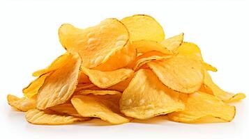 ai generiert knackig Kartoffel Chips auf Weiß Hintergrund mit Kopieren Raum zum kreativ Designs und Mitteilungen foto