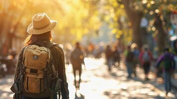 ai generiert beschwingt Reise und Tourismus Bokeh Design mit verschwommen natürlich Landschaften und Abenteuer Elemente foto