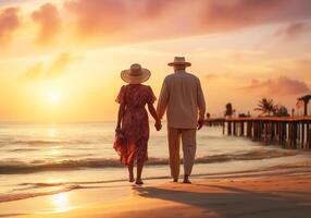 ai generiert Paar Gehen Hand im Hand auf das Strand beim Sonnenuntergang foto