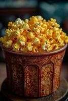 ai generiert Popcorn steht im das Kino Vor das Screening von das Film. Essen beim das Kino foto