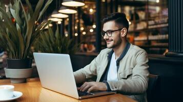 ai generiert Mann Arbeiten auf ein Laptop im ein Cafe, lächelnd und suchen beim das Bildschirm foto