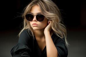 ai generiert schön sexy Mädchen im Sonnenbrille, schwarz isoliert Hintergrund. foto