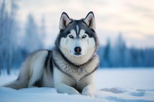 ai generiert ein sibirisch heiser Hund im ein schneebedeckt Winter Wald foto