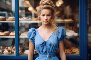 ai generiert romantisch blond Mädchen im ein Blau Kleid auf das Hintergrund von ein Bäckerei Cafe foto