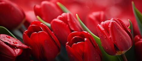 ai generiert Nahansicht von ein strahlend rot Tulpe mit Wasser Tröpfchen. foto