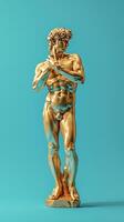 ai generiert Gold Statue von ein Mann auf ein solide Blau Hintergrund. Konzept von klassisch Kunst, Luxus Dekor, Skulptur, golden Statue, Kunst, Eleganz. Vertikale Format foto