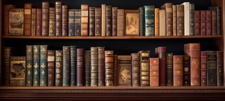 ai generiert Antiquität gestylt Bücher vereinbart worden ordentlich auf hölzern Regale. Konzept von Antiquar Bücher, klassisch Literatur und Zuhause Bibliothek Ästhetik foto