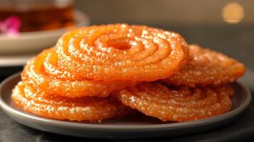 ai generiert Jalebi beschichtet im Zucker Sirup, traditionell indisch Süss Gericht. köstlich orientalisch Süßigkeiten. Konzept von indisch Küche, Nachtisch, traditionell Lebensmittel. foto