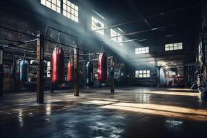 ai generiert Boxen Fitnessstudio Innere mit mehrere hängend Stanzen Taschen und Ausrüstung. Konzept von Fitness Center, Boxen Ausbildung Umfeld, Sport Einrichtung, und sportlich Fitnessstudio Innere, foto