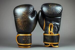ai generiert schwarz Boxen Handschuhe mit Gold Flecken und trimmen auf ein grau Hintergrund. Konzept von Boxen Gang, sportlich Ausbildung Ausrüstung, und stilvoll Sport Zubehör foto