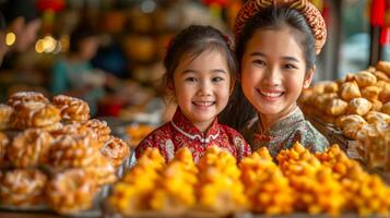 ai generiert zwei asiatisch jung Mädchen lächelt im Vorderseite von ein Anzeige von Gebäck. Konzept von Kindheit Freude, Bäckerei Freuden, Süss Zahn Momente, und spielerisch Unschuld foto