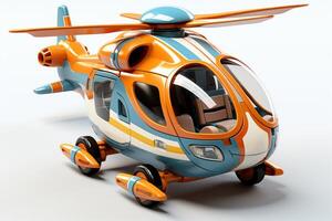 ai generiert futuristisch Orange Spielzeug Hubschrauber isoliert auf ein Weiß Hintergrund. Konzept von Kinder freundlich Spielzeuge, Luftfahrt Spielzeug, spielerisch Entwürfe, und hell Farben. foto