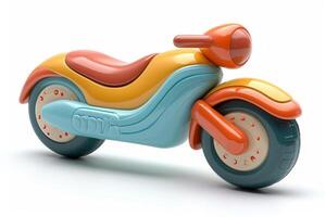 ai generiert futuristisch bunt Spielzeug Motorrad isoliert auf ein Weiß Hintergrund. Konzept von Kinder freundlich Spielzeuge, Transport-Thema Spielzeug, spielerisch modern Entwürfe, und hell Farben. foto