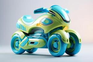 ai generiert futuristisch Grün Blau Spielzeug Motorrad isoliert auf ein Weiß Hintergrund. Konzept von Kinder freundlich Spielzeuge, Transport-Thema Spielzeug, spielerisch modern Entwürfe, und hell Farben. foto