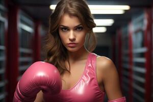 ai generiert modisch schön Frau Boxer im Rosa Boxen Handschuhe und Sportbekleidung, bereit zu Zug. Konzept von weiblich Stärke, Fitness Ausbildung, Mode, Schönheit, aktiv Lebensstil, weiblich Ermächtigung foto