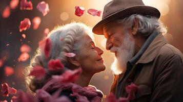 ai generiert zärtlich Alten Paar inmitten Sanft Hintergrund von rot Rose Blütenblätter, hervorrufen ewig Liebe. Ideal zum Gruß Karten und sentimental Themen. Valentinsgrüße Tag. foto