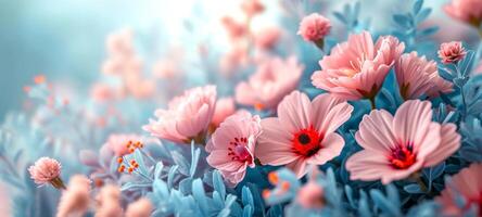 ai generiert ein Blumen- breit Banner mit Sanft Rosa Blüten und Blau Laub gegen ein Licht Hintergrund. mit Kopieren Raum. Ideal zum Gruß Karten, Hochzeit Einladungen, oder Frühling Tapeten. foto