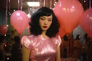 ai generiert ein bereit jung asiatisch Frau im ein glänzend Rosa Kleid, mit im Retro-Stil Haar und Fett gedruckt rot Lippen, umgeben durch Rosa Luftballons. Ideal zum Retro-Thema Veranstaltungen und Mode Kampagnen. foto