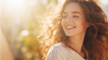 ai generiert schön kaukasisch Frau mit natürlich bilden im das Sonnenlicht. glücklich Dame genießen das Sonne. Banner mit Kopieren Raum. Ideal zum Schönheit, Wellness, Lebensstil Kampagnen oder Haar foto