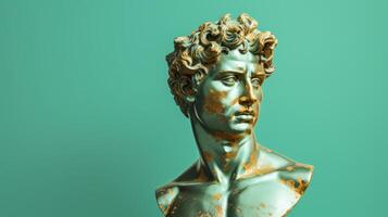 ai generiert Gold Antiquität Statue von ein männlich Kopf auf ein Licht Smaragd Grün solide Hintergrund. perfekt zum zeitgenössisch Kunst Projekte. Banner mit Kopieren Raum. foto