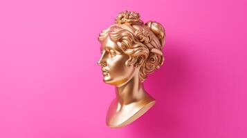ai generiert Gold Antiquität Statue von ein weiblich Kopf auf ein Rosa solide Hintergrund, perfekt zum verwenden im künstlerisch oder abstrakt visuell Inhalt. mit Kopieren Raum. foto