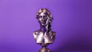 ai generiert Bronze- Antiquität Statue von ein weiblich Kopf auf ein lila solide Hintergrund. foto