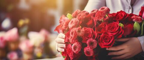 ai generiert weiblich Hände machen schön Strauß von rot Rosen im Blumen- Geschäft. Florist Arbeitsplatz. Banner mit Kopieren Raum. Ideal zum Valentinsgrüße Tag Werbeaktionen, Blume Geschäft Anzeige, romantisch foto