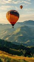 ai generiert Antenne Abenteuer beim Dämmerung. heiß Luft Ballon hochfliegend über ein heiter Landschaft, großartig zum Mauer Kunst oder Digital Inhalt. Vertikale Format. mit Kopieren Raum. foto