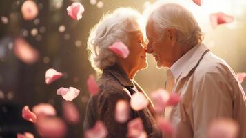 ai generiert zärtlich Alten Paar Anteile herzlich Kuss inmitten Sanft Hintergrund von Rose Blütenblätter, hervorrufen ewig Liebe. Ideal zum Gruß Karten und sentimental Themen. Valentinsgrüße Tag foto
