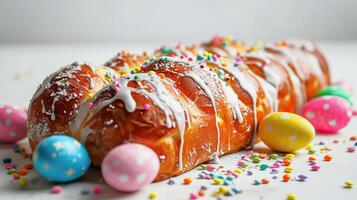 ai generiert kulich, traditionell Russisch Ostern Brot geschmückt mit Weiß Glasur und bunt Sträusel. mit farbig Eier. auf Licht Hintergrund. festlich Ostern Cupcakes. Ideal zum kulinarisch Blog foto