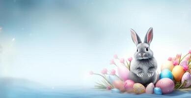 ai generiert Hase umgeben durch bunt Ostern Eier. festlich Hase. Banner mit Kopieren Raum. zum Gruß Karte, Einladung. Postkarte, Poster, Netz Design. Ideal zum Ostern Feierlichkeiten. foto