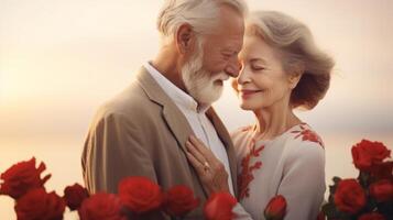 ai generiert zeitlos Bindung porträtiert durch ein Senior Paar mit rot Rosen, symbolisieren ausdauernd Liebe und Gesellschaft. Ideal zum Beziehung und Lebensstil Inhalt, Jubiläum, Liebe, oder Valentinsgrüße Tag foto