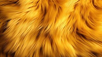 ai generiert Nahansicht von ein beschwingt Gold Textur von Sanft Pelz mit verschiedene Schatten von Gelb. gefärbt Tier Fell. Konzept ist Weichheit, Komfort und Luxus. können Sein benutzt wie Hintergrund, Mode, Textil, Design foto