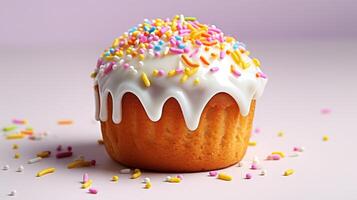 ai generiert Ostern kulich Kuchen mit Weiß Glasur geschmückt mit bunt Sträusel. traditionell Russisch Ostern Cupcake. auf Licht Hintergrund. Ideal zum festlich Rezept Blogs, feierlich Veranstaltungen foto