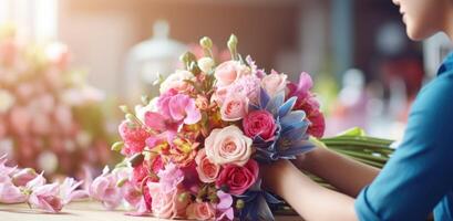 ai generiert weiblich Hände machen schön Strauß von gemischt Blumen im Blumen- Geschäft. Florist Arbeitsplatz. Banner mit Kopieren Raum. Ideal zum Valentinsgrüße Tag Werbeaktionen, Blume Geschäft Anzeige, romantisch foto