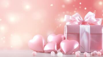 ai generiert Rosa Geschenk Box mit ein seidig Band, umgeben durch glänzend Herz Formen auf funkelnd Rosa Hintergrund. romantisch Atmosphäre macht es perfekt zum Valentinsgrüße oder Jahrestag Inhalt. Banner foto