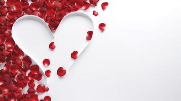 ai generiert klar Herz gestalten umgeben durch verstreut rot und Weiß Blütenblätter auf ein Weiß Hintergrund. Ideal zum romantisch oder Valentinsgrüße Themen. Banner mit Kopieren Raum. foto