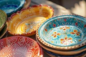 ai generiert handgemacht dekorativ Keramik Geschirr. bunt leeren Kunst Keramik Platten. generativ ai foto