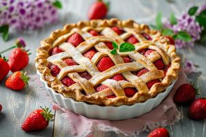 ai generiert klassisch gebacken Erdbeere Kuchen mit ein Gitter Kruste. generativ ai foto