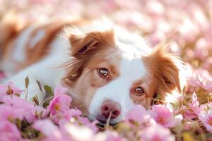 ai generiert Hund Lügen im ein Frühling sonnig Garten unter das Blumen. generativ ai foto