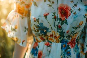 ai generiert schließen oben von jung Frau im retro Kleid mit ein beschwingt Blumen- Muster. generativ ai foto