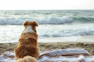 ai generiert Hund sitzt auf das Handtuch auf sandig Strand und sieht aus beim Blau Meer. generativ ai foto