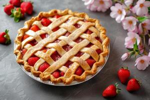 ai generiert klassisch gebacken Erdbeere Kuchen mit ein Gitter Kruste. generativ ai foto