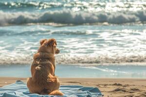 ai generiert Hund sitzt auf das Handtuch auf sandig Strand und sieht aus beim Blau Meer. generativ ai foto