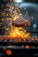 ai generiert ein herzhaft Steak auf Feuer, brutzelnd auf ein heiß Grill foto