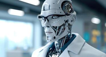 ai generiert ein Foto von ein Roboter Arzt im Brille tragen ein Labor Mantel