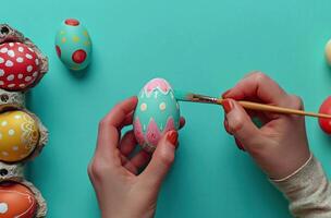 ai generiert Person Farben beschwingt Ostern Eier im ein froh Feier, Ostern Kunsthandwerk Bild foto
