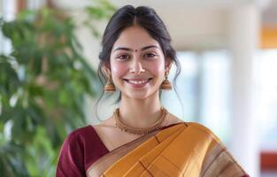 ai generiert indisch Frau lächelnd im traditionell Marathi Saree, gudi Padwa traditionell Kleidung Foto