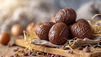 ai generiert Schokolade Ostern Eier auf ein hölzern Tisch, Palme Sonntag Schöne Grüße Konzept foto